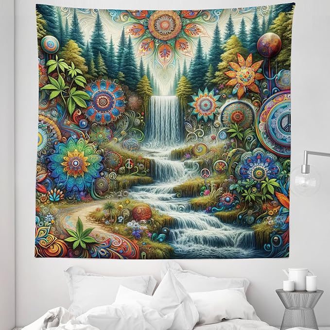 Ambesonne Trippy Tapestry Queen Size, Scenic Waterfall with Wonderland Woods and Psychedelic Mandala Flowers, Wall Hanging Bedspread Bed Cover Wall Decor, 88" X 88", Olive Green Multicolor