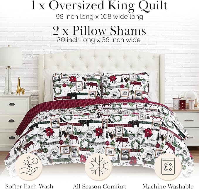 Southshore Fine Living, Inc. King Size Christmas Quilt with Matching Pillow Shams, Holiday Bedding Set, 3-Piece King/California King Quilt Set, Reversible Red Plaid Quilt & Rustic Cabin Print