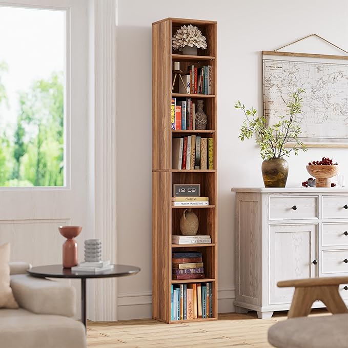 IRONCK Tall Narrow Bookshelf 8 Tiers, Compact Corner Bookcase, Easy to Match for Living Room, Office, Study, Bedroom, Oak Brown
