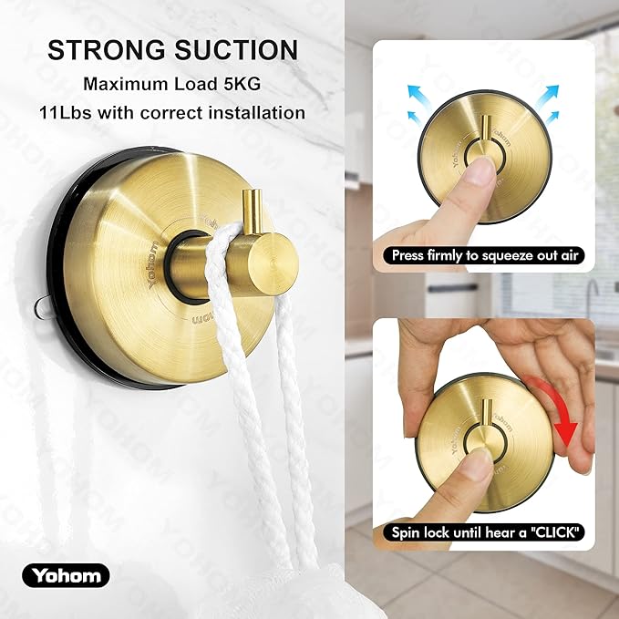 YOHOM Suction Cup Hooks for Shower Towel Holder Stainless Steel Vacuum Bathroom Shower Hook Suction Washcloth Hanger Kitchen Towel Rack for Robe Loofah Wreath Glass Door Window Wall Brushed Gold 2Pcs