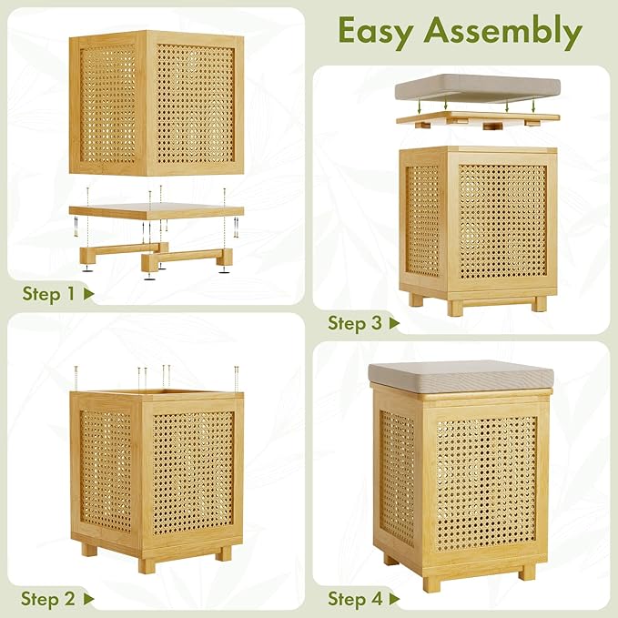 End Table for Living Room, Small Side Table with Storage, Bamboo Rattan Weave with Removable Cushion Top, Multifunctional Nightstand Ottoman Footrest Seat & Organizer for Bedroom, Office