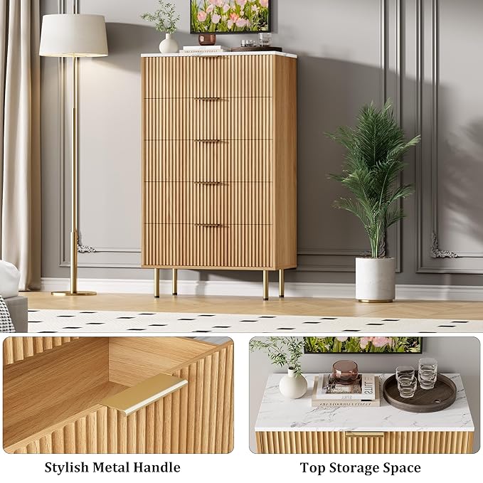 GarveeHome 5 Drawers Dresser for Bedroom, Fluted Dresser Chest of Drawers with Handle, Wood Modern Dressers for Closet, Bedroom Furniture Storage Organizer for Living Room, Hallway