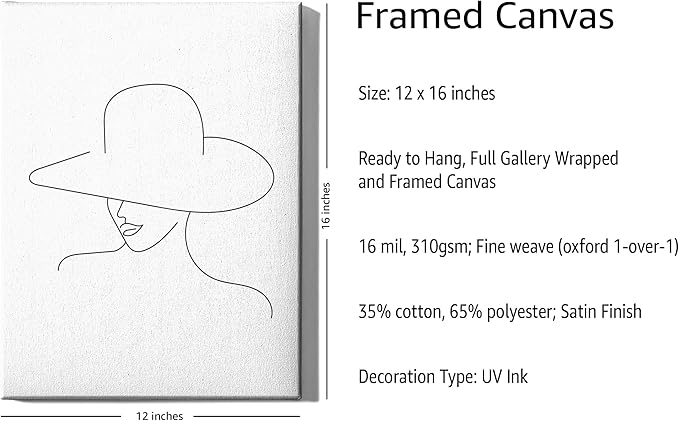 Elegant Woman in Hat Wrapped Canvas Wall Art Minimalist Feminine Profile 12x16 Inch Gallery Stretched Modern Asian Fashion Home Art Decor