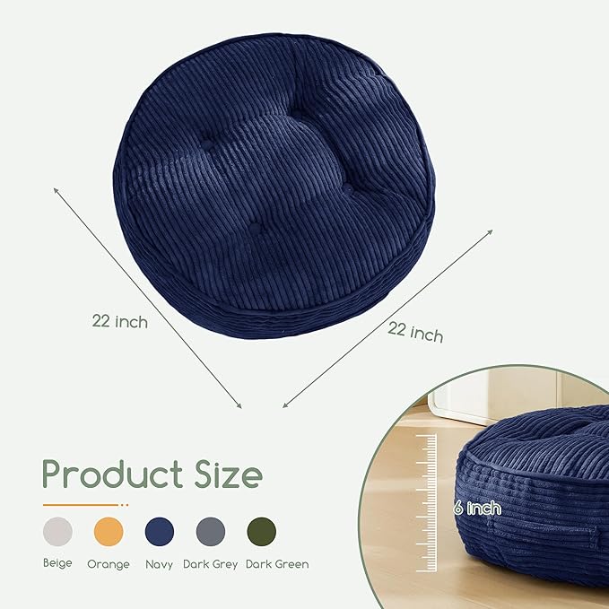 6" Washable Floor Pillow Cushion for Adults, Meditation Cushion Pillow, Large Round Floor Sitting, Removable Tufted Corduroy Cover, for Tatami Living Room or Yoga, 22x22 Inch, 2Pack, Machine Washable