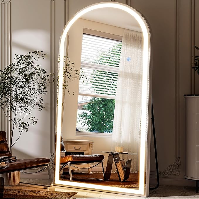 GLSLAND 34"x76" Arched LED Full Length Mirror with Lights Wall Mounted/Standing, Dimmable Floor Lighted Mirrors W/Anti-Fog, Touch Control for Bedroom, Dressing Room