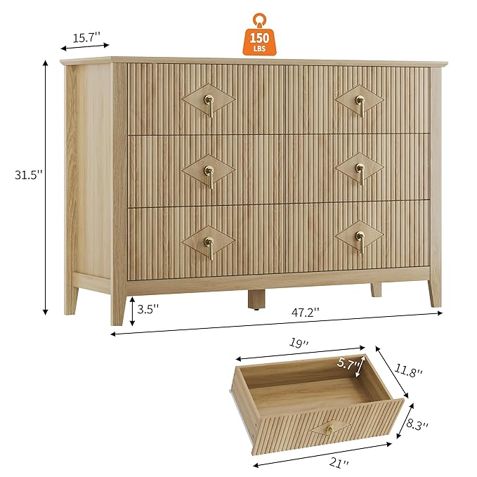 GarveeHome Fluted Dresser for Bedroom, 47.2 Inch Wide 6-Drawer Wood Dresser, Modern Chest of Drawers, Storage Organizer Cabinet for Living Room, Hallway, Entryway, Natural Oak