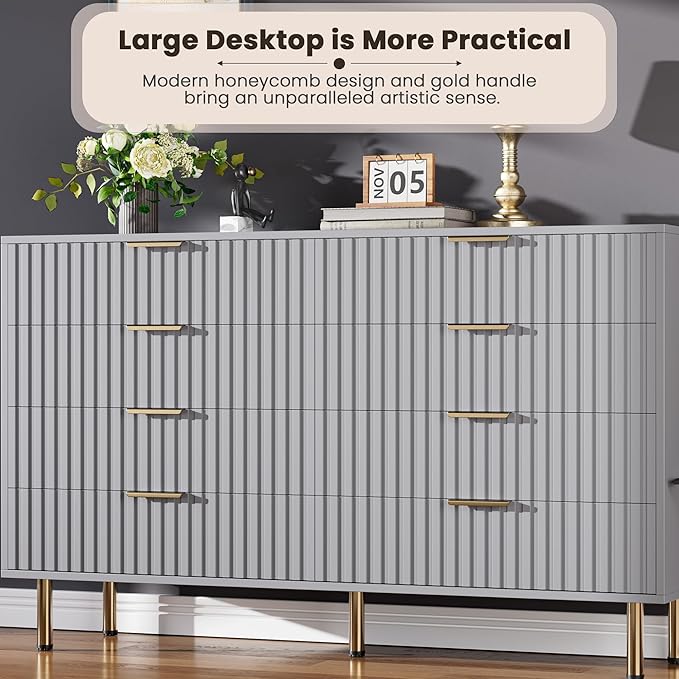 8 Drawer Dresser for Bedroom, Fluted 55 in Wide Modern Chest of Drawers with Deep Drawers, Long Large Double Dresser TV Stand, Wooden Dresser Organizer for Living Room, Hallway, Kids Room, Grey
