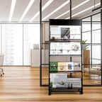 Floor Magazine Rack Brochure Display Stand 4-Layer With Wheels And Top Billboard, Newspaper Literature Holder High-Hardness Metal For Office Exhibitions, Black (57.5''*25''*13.2'')