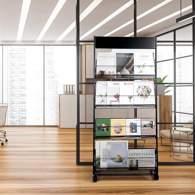 Floor Magazine Rack Brochure Display Stand 4-Layer With Wheels And Top Billboard, Newspaper Literature Holder High-Hardness Metal For Office Exhibitions, Black (57.5''*25''*13.2'')