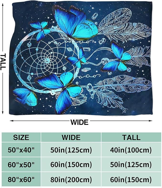 Blue Butterfly Blanket for Womens Girls Dream Catcher Throw Blanket Gifts for Kids Boys Soft Warm Cozy Flannel Blanket for Couch Sofa Bed 60"x80"