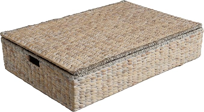 happimess BSK2015D Holden 30" Classic Costal Hand-Woven Hyacinth Wicker Under Bed Storage Basket with for Storage and Decoration in Bathroom, Bedroom, Closet, Entryway, White Wash