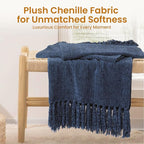 Navy Chenille Throw Blanket for Couch Bed，Soft Cozy Throw Blanket with Handmade Fringe, Decorative Blanket for Sofa Chair Living Room for Gift,Navy 50" x 60"