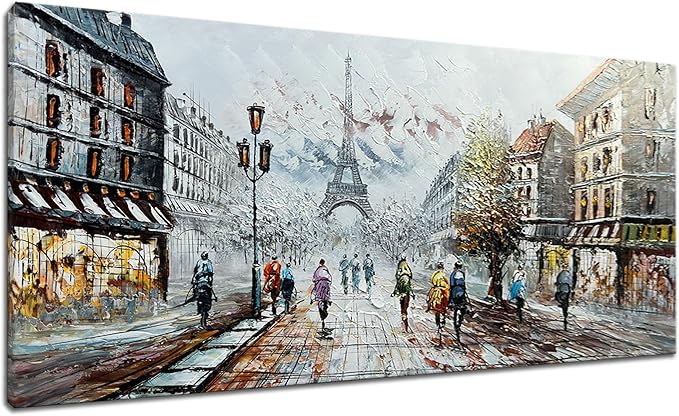 Alenoss Modern Oil Paintings on Canvas Wall Art, Paris Eiffel Tower Landscape Abstract Paintings for Living Room Bedroom Office Wall Decor 48x24 Inches, Ready to Hang