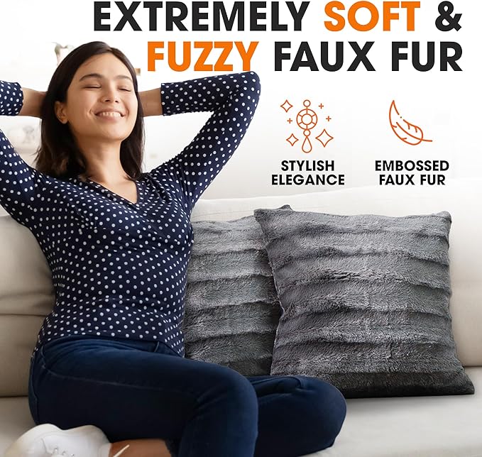 Cheer Collection Faux Fur Throw Pillows - Decorative Pillows for Couch, Bed Throw Pillows, Grey Accent Pillows for Bedroom or Living Room Aesthetic, Set of 2 Furry Throw Pillows, 20" x 20"