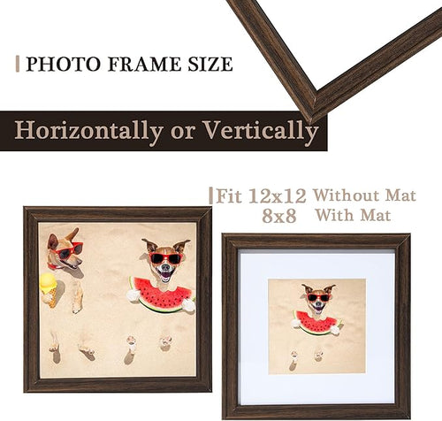 12x12 Picture Frame Walnut, 12 x 12 Picture Frames Matted to 8 x 8,Square 12 x 12 Frame with Tempered Real Glass,Rustic Wooden 12x12 Photo Frame Wall- Home Decor Gifts