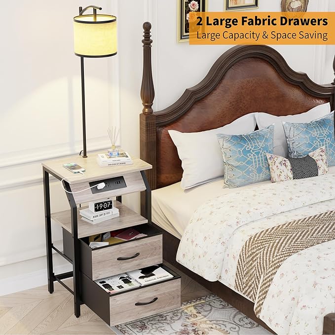 End Table with Floor Lamp, Nightstand with Charging Station, Floor Lamp Table with 3-Color Temperature Bulb, Bedside Table Night Stand with 2 Drawers for Bedroom, Living Room, Greige