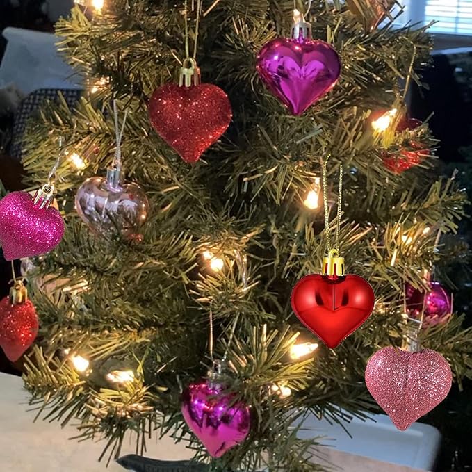 Valentine's Day Heart Ornaments for Tree - Valentine Ornaments Valentine Tree Decorations - Glitter Rose Gold Red Purple - Mini 24 Pcs