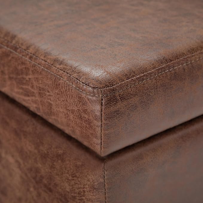SIMPLIHOME Avalon Storage Ottoman Bench - 48 inch Wide Upholstered Vegan Leather Rectangular Lift-Top Ottoman in Distressed Umber Brown, Contemporary Bench for Living Room with High-Density Foam