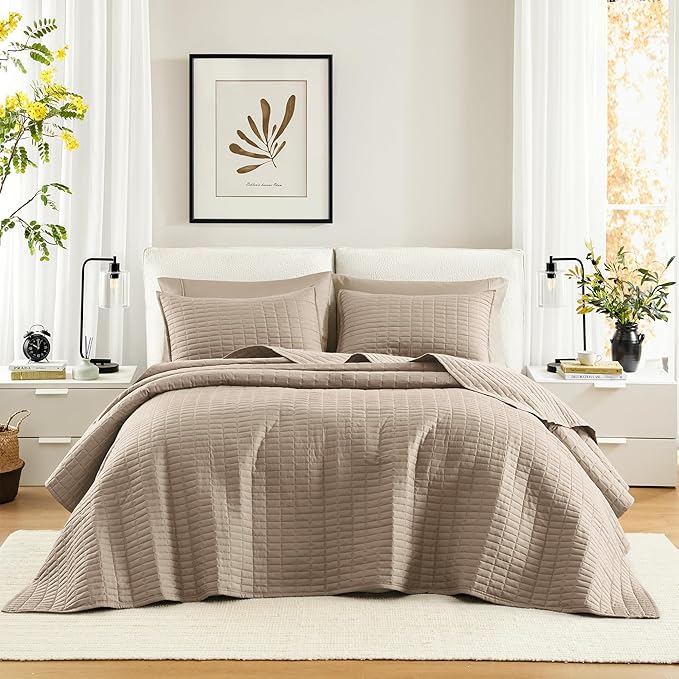 Comfort Spaces - CS13-0933 Kienna Quilt Coverlet Bedspread Ultra Soft Hypoallergenic All Season Lightweight Filling Stitched Bedding Set, Oversized Queen(102"x118"), Taupe 3 Piece