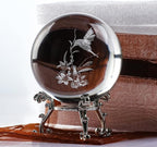 HDCRYSTALGIFTS 3D Hummingbird Crystal Ball Paperweight 60mm(2.3Inch) Laser Engraved Glass Sphere Display Globe Meditation Ball Home Decor with Metal Stand