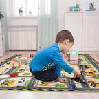 Construction Site Play Rug for Kids - Interactive Engineering Vehicles Faux Wool Carpet with Excavator & Digger Design, Non-Slip Educational Mat for Playroom, Bedroom Gifts (Boys & Girls)