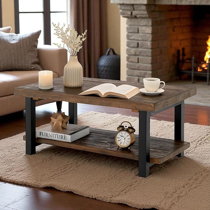 Alaterre Furniture Pomona Rustic Coffee Table with Storage Shelf - 42-Inch Industrial Modern Metal and Solid Wood Living Room Table - Easy Assembly Farmhouse Living Room Furniture (Rustic Natural)