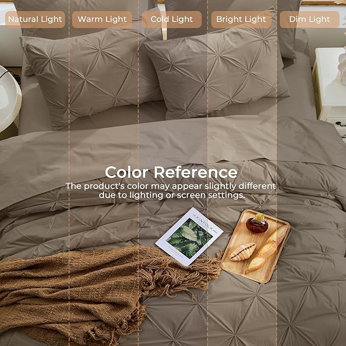Sasttie Queen Comforter Set, 7-Piece Bed in a Bag, Pintuck Bedding Sets for All Season, Includes Comforter, Flat Sheet, Fitted Sheet, Pillowcases and Pillowshams, Brown