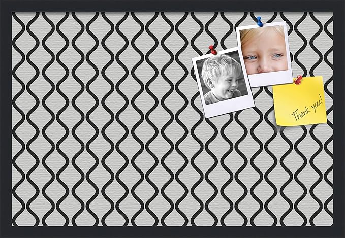 PinPix 27x18 Inch Cork Bulletin Board. This Decorative Framed Pin Board Comes with Black and White Waves Design and a Satin Black Frame. Ideal for Home Office Decor or Message Board (PinPix-194)