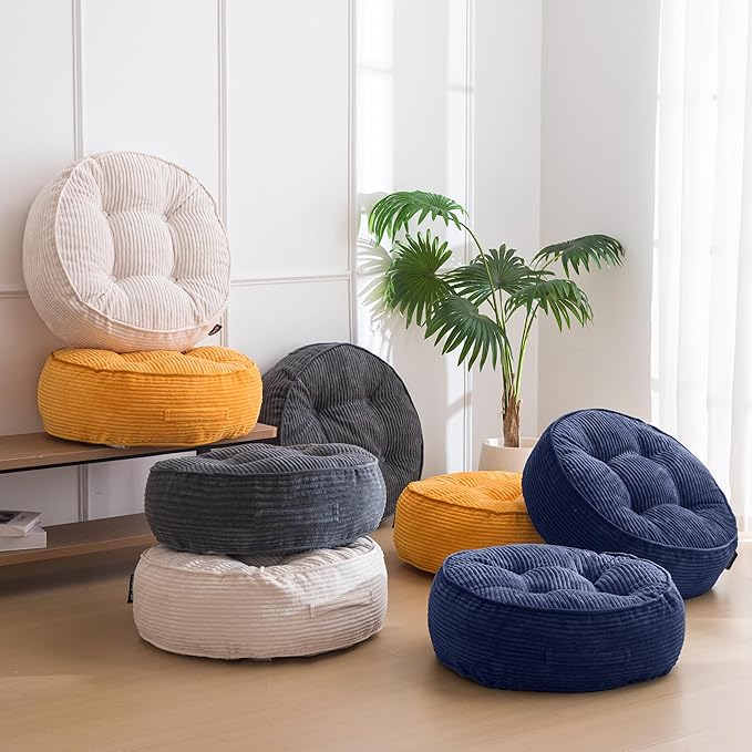 8" Washable Floor Pillow Cushion for Adults, Meditation Cushion Pillow, Large Round Floor Sitting, Removable Tufted Corduroy Cover, for Tatami Living Room or Yoga, 22x22 Inch, 2Pack, Machine Washable