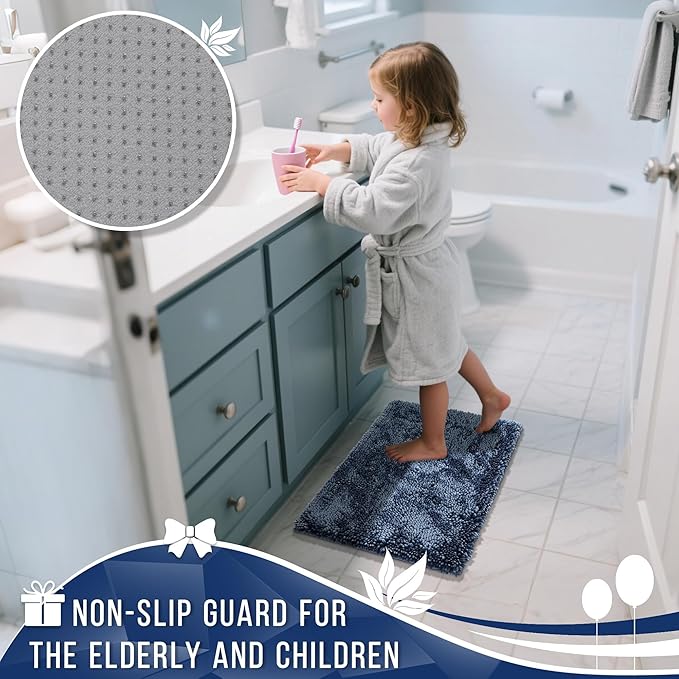 Yimobra Chenille Bathroom Rugs Non Slip, Extra Thick Soft Absorbent Bath Rug, Machine Washable Quick Dry Bath Mat for Bathroom Floor, Tub and Shower, Home Decor Accessories, 24x17, Light Blue