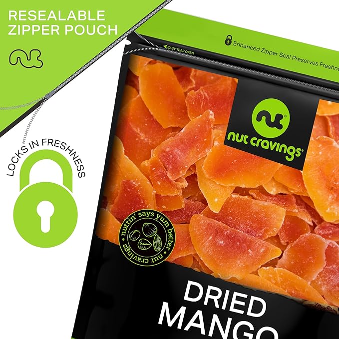 NUT CRAVINGS - Dried Mango Slices, Lightly Sweetened (80oz, 5 LB) Tu Bishvat Favorite - Sweet Healthy Snack, Vegan, Kosher, Resealable Bag
