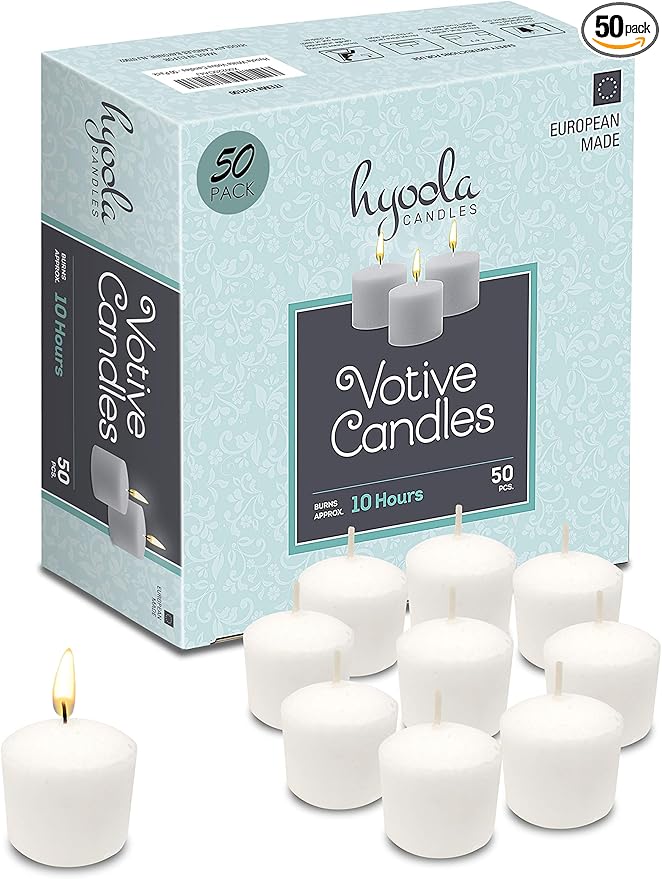 Hyoola Votive Candles - 10 Hour Burn Time - Unscented Candles Votives Bulk - Pack of 50 White Candles - European Made