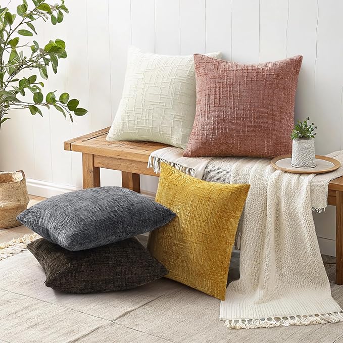 decorUhome Spring Pink Chenille Throw Pillow Covers 16x16 Set of 2 Textured Soft Cozy Slubby Couch Pillow Covers Modern Farmhouse Boho Decorative Pillow Cases for Bed Sofa Living Room Valentines