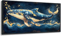 JEAWA Large Framed Canvas Painting - Marine Animal Wall Art Decor, Blue White Gold Whale Picture, Modern Art Prints for Living Room Bedroom Bathroom Home Decoration, 29x58 IN