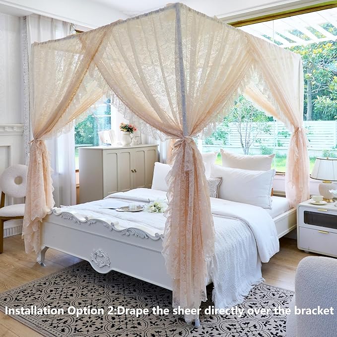AIKASY Elegant Lace Princess 4-Poster Bed Canopy Mosquito Net - Romantic Wedding Bridal Bedroom Decor, Kids Room Bed Curtain for Women Adults - (Cream-1,Full)