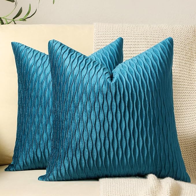 Turquoise Throw Pillow Cases 24x24: 2 Pack Inch Original Striped Velvet Square Decorative Pillow Covers for Farmhouse Couch