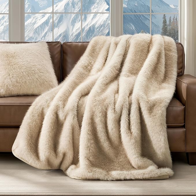 EVERGRACEHOME Luxury Faux Fur Throw Blanket, Soft Fluffy Faux Mink Blankets for Bed, Couch, Sofa, Thick Cozy Plush Warm Fur Throws with Reversible Velvet, Tipped Golden Fox, 50"x60"