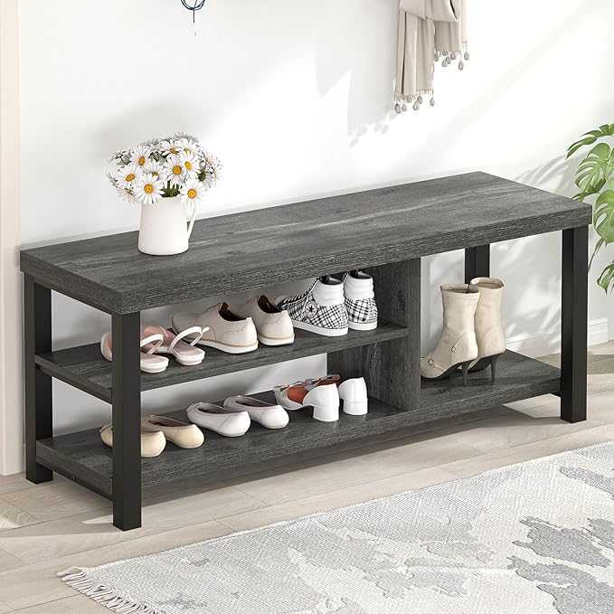 EXCEFUR Industrial Entryway Bench, Rustic Indoor Shoe Boot Storage Bench Seat for Living Room, Grey