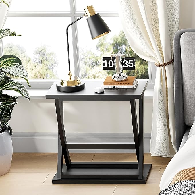 ChooChoo Black End Tables Set of 2, Narrow Side Table with Storage Shelf, Modern X-Design Slim Bedside Tables for Living Room, Bedroom, Small Spaces