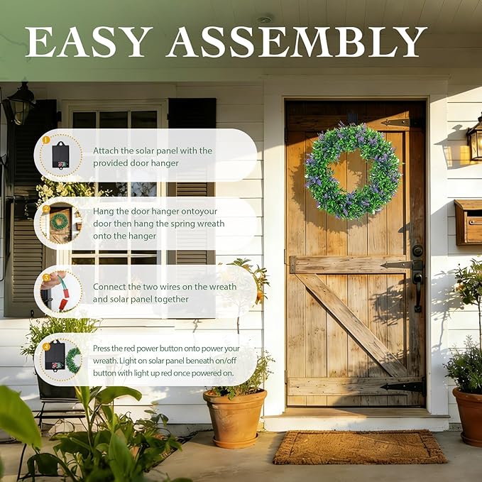 Solar Spring Wreath 16inchWreath for Front Door Pre-lit 30LED Spring Summer Decor for Outside Artificial Eucalyptus Lavender Wreath with Colorful Lights for Door Wall Farmhouse Decor