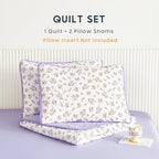 Wake In Cloud - Floral Quilt Set, Coquette Cottagecore Shabby Chic Flower Pattern for Women Teen Girls, Reversible Lightweight Bedspread Coverlet, 3 Pieces, White Purple, Twin/Twin XL Size