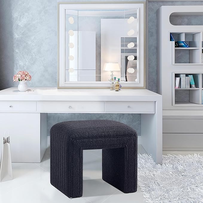 Get Set Style Vanity Stool Chair,Modern Boucle Ottoman Foot Stool with Wooden Legs Sofa Bench Footstool Extra Seat for Vanity,Makeup Room,Living Room,Entryway,Office (Fully Assembled) (Black)