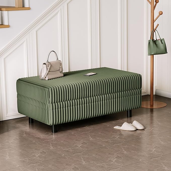 LINSY HOME Sectional Sleeper Sofa Storage Ottoman Bench, Convertible Coffee Table Plush Corduroy Couch Ottoman Footstool for Living Room, Bedroom Entryway and Family Room, Green