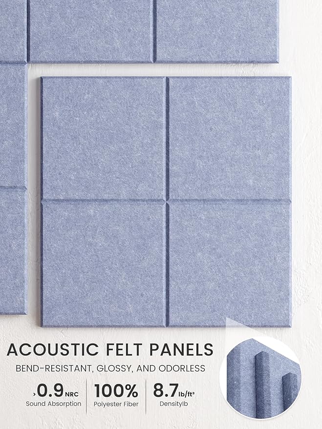 Bumusty Large Felt Bulletin Board, 36" x 24" Cork Board Alternative, 6-Pack Wall Tiles with 4-Compartment Design, 30 Push Pins, 40 Adhesive Tabs, Ideal for Office & Home Decor, Soft Periwinkle