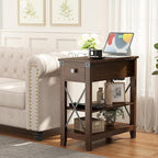 Narrow End Table with Charging Station - Farmhouse Slim Side Table Set of 2, w/USB Ports Power Outlets, Nightstand w/Flip Top Storage Drawer, for Small Spaces Living Room Bedroom, Walnut