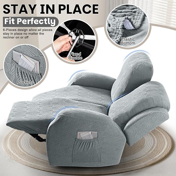 VANSOFY Recliner Loveseat Cover, 6-Pieces Stretch Dual Recliner Sofa Cover Soft Jacquard Reclining Couch Slipcover Furniture Protector with Elastic Bottom for Kid, Pets(2 Seat,Light Gray)