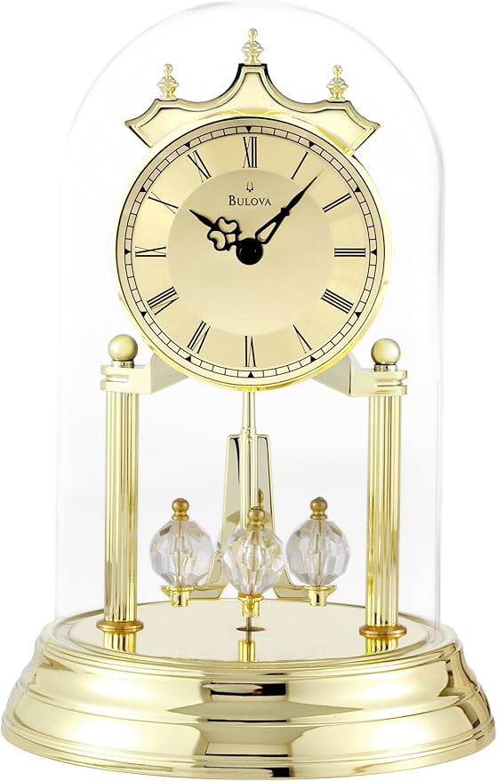 Bulova Tristan I Desk and Table Clock | Model B8818 | Polished Brass Finish | Polished Metal Base | Floating Dial | Roman Numerals | Elegant Pendulum Design