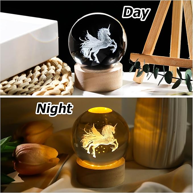 3D Unicorn Crystal Ball with Wooden Light Base Glass Unicorns Figurine Gifts for Women Daughter Lovers for Birthday Valentine's Day Christmas Decor Lamp Paperweight (Diameter 2.36 inches)