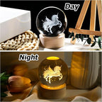 3D Unicorn Crystal Ball with Wooden Light Base Glass Unicorns Figurine Gifts for Women Daughter Lovers for Birthday Valentine's Day Christmas Decor Lamp Paperweight (Diameter 2.36 inches)