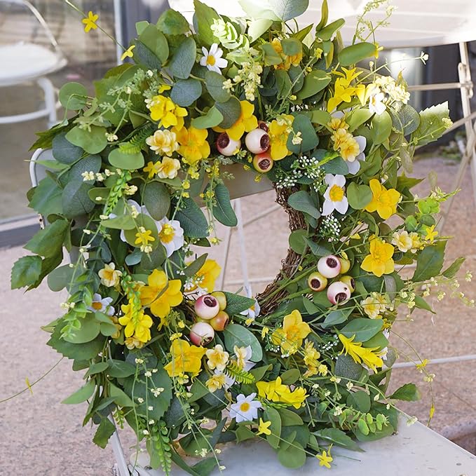 Spring Summer Wreath for Front Door, 23 inch Artificial Floral Wreaths with Green Leaves Daisy Realistic Berry Narcissus for Porch Patio Garden, Indoor Outdoor door Wall Decor Party Holiday Decoration